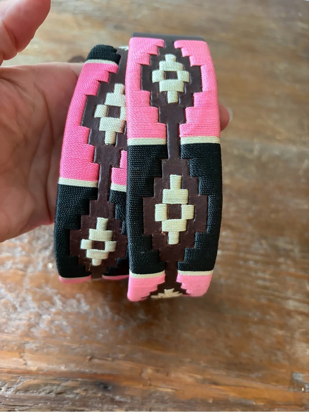 Western Embroidered Pink Brown Leather Belt with Ornate Silver Buckle